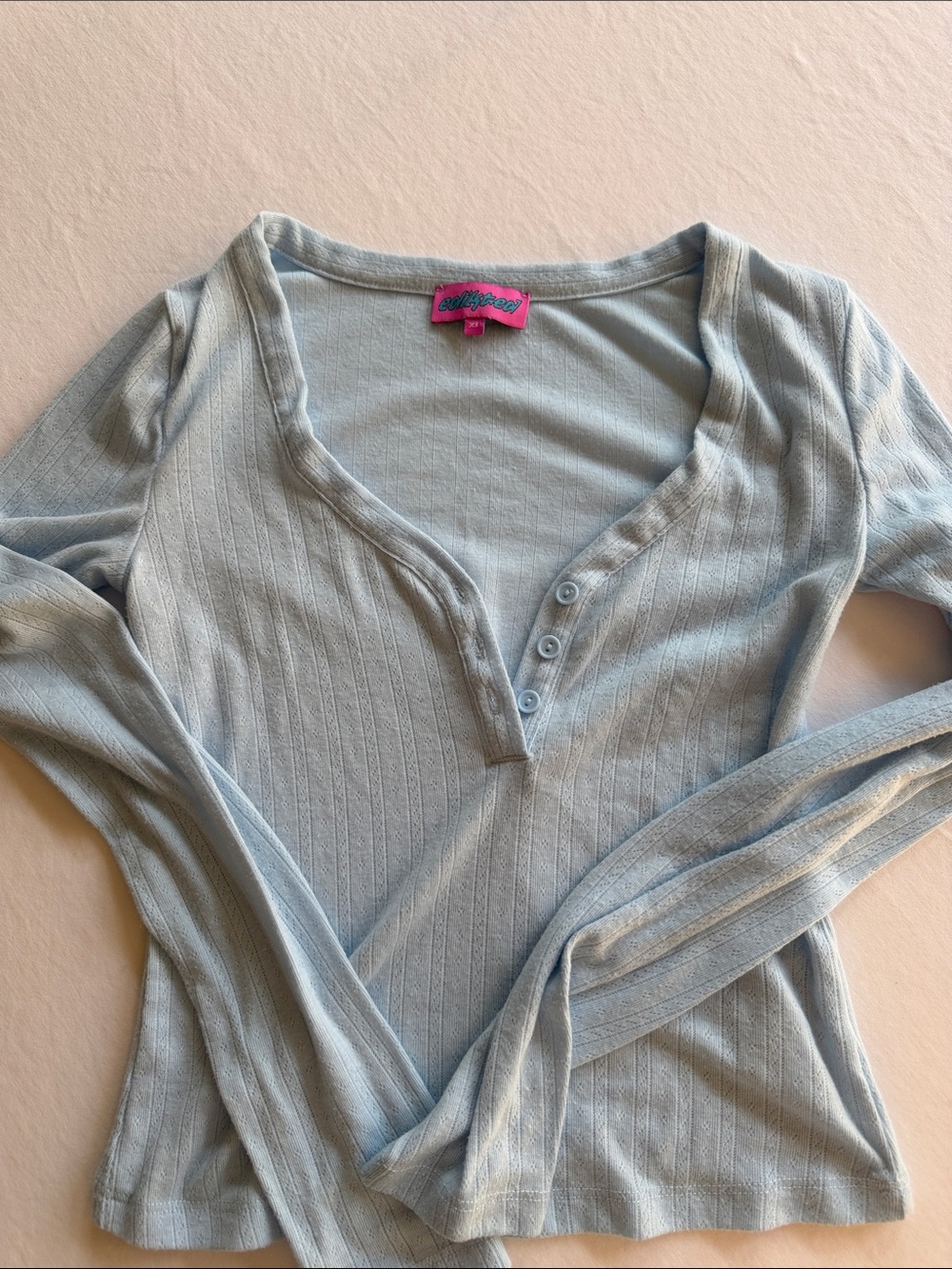 Edikted Light Blue Ribbed Henley Long Sleeve Top